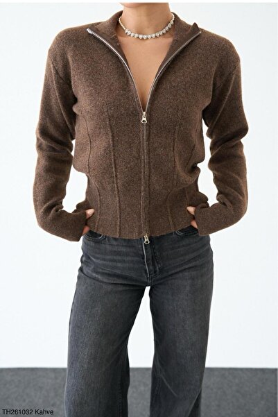 Lupies Women's Turtleneck Zippered Wool Knitwear Cardigan
