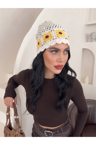 Enez Papatya Motifli Tığ İşi Görünümlü Bere/Kışlık Şapka
