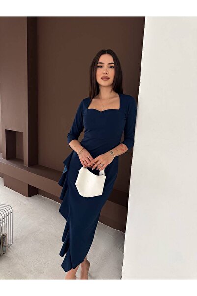 Kiki Kalp Yaka Eteği Volanlı Krep Elbise