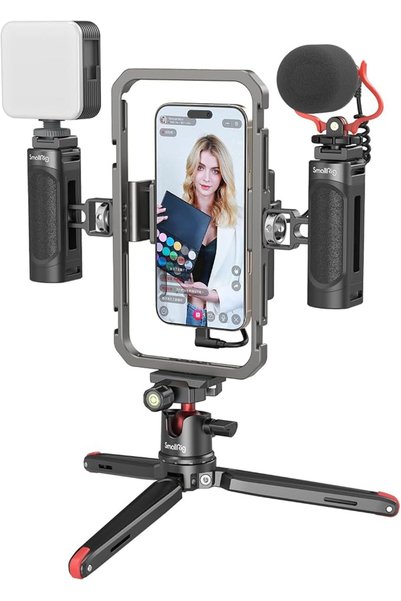 SmallRig طقم تصوير فيديو للهواتف الذكية، حامل هاتف محمول مع ضوء LED مزدوج ومي...
