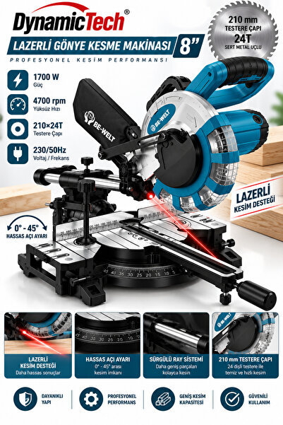 DynamicTech Profesyonel 8” Lazeri Gönye Kesme Makinası 1700W 210mm Sürgülü Ray Toz Torbalı