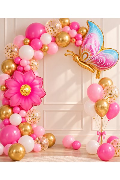 ALYA PARTİ Pembe Gold Kelebek Çiçek Folyo Balonlu Doğum Günü Süsleme Seti – B...