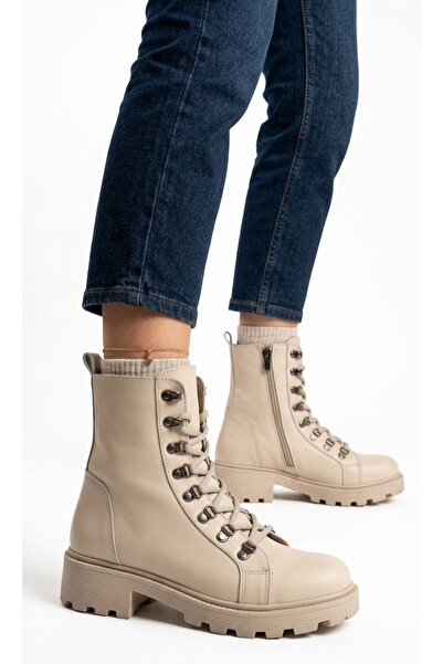 Gönbeler Women's Cream Zippered Boots Winter Stylish Non-Slip Sole Casual Model