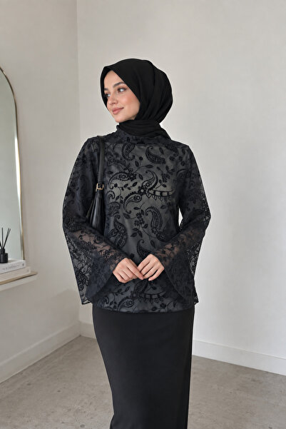 AYDIN WEAR Siyah Paisley Desen Tül Bluz