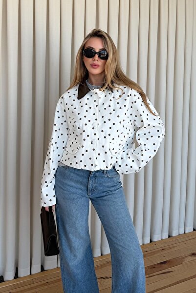 Laluvia Ecru Leather Collar Detailed Polka Dot Jacket - 1147