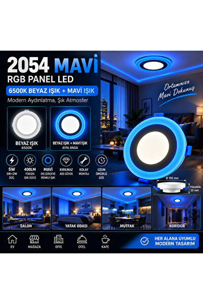 kialed Mavi LED Panel 5W 6500K Beyaz Işık + Mavi Işık 3 Modlu Dekoratif Tavan...