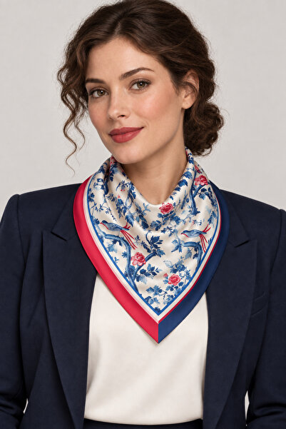 DSCARF Oriental Birds – Red and Navy Blue Satin Scarf with Bird and Flower Pa...