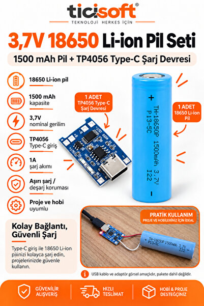 Ticisoft 3,7V 18650 1500 mAh Li-Ion Pil + TP4056 Type-C BMS Şarj Devresi Şarj...
