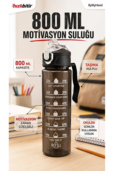 ByMyHand Siyah Taşıma Kulplu Kilit Kapaklı Pipetli Suluk Okul Matarası Motiva...