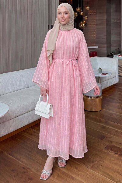 Salih Çelebi Reglan Kol Çizgili Elbise Y0168 - PEMBE