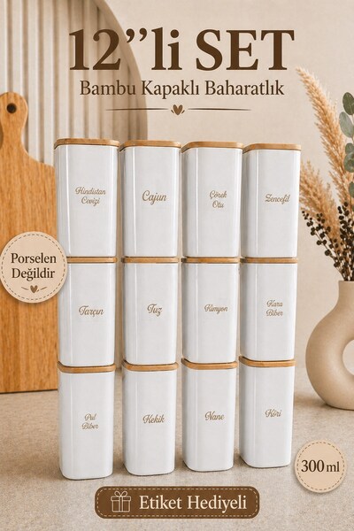 Trenddora 12'li Bambu Kapaklı Kare Baharatlık Seti 300 ml Cam Görünümlü Vakum...