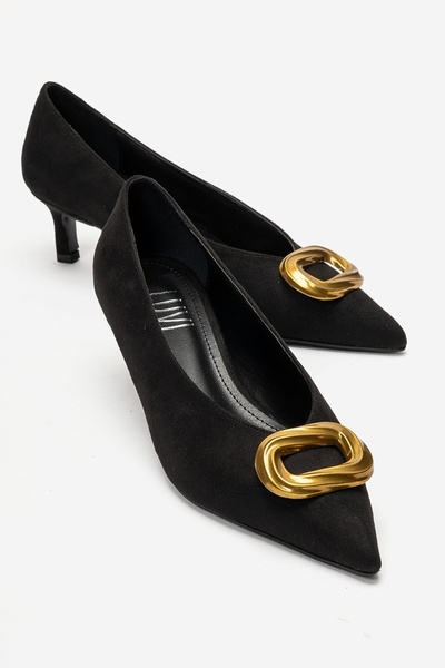 LuviShoes Γυναικεία παπούτσια με τακούνι DELHI σε μαύρο σουέντ με αγκράφα