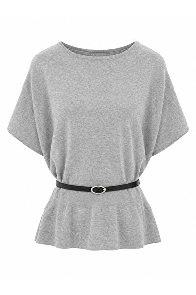 Buket Teke Gray Batwing Sleeve Belted Knitwear Blouse