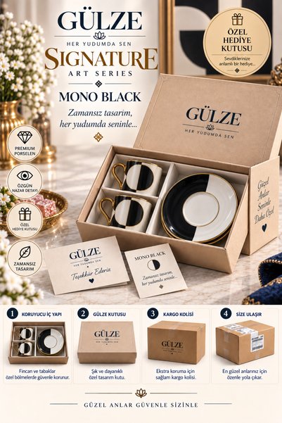 GÜLZE Signature / Art Series / Mono Black Model 2-Person Coffee Cup Set (Fine Bone Porcelain)