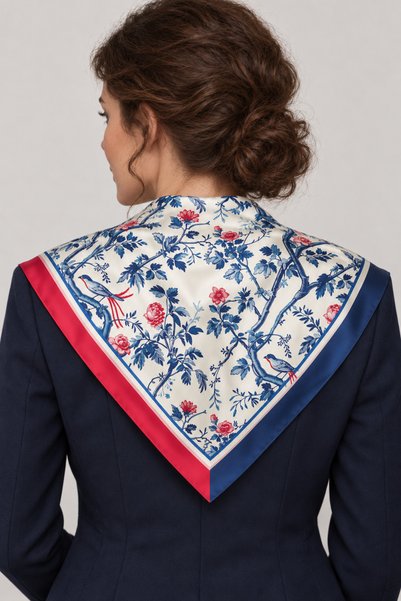 DSCARF Oriental Birds – Red and Navy Blue Satin Scarf with Bird and Flower Pattern 70×70 cm