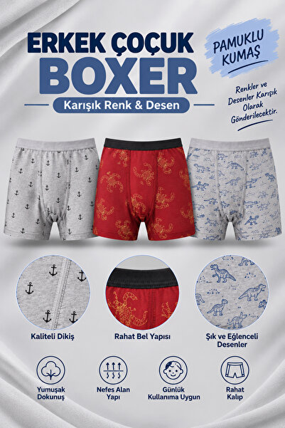Alıç Boys' Boxer 3 Pieces Mixed Color and Patterned Cotton Flexible Waist Comfortable Children's Boxer Underwear