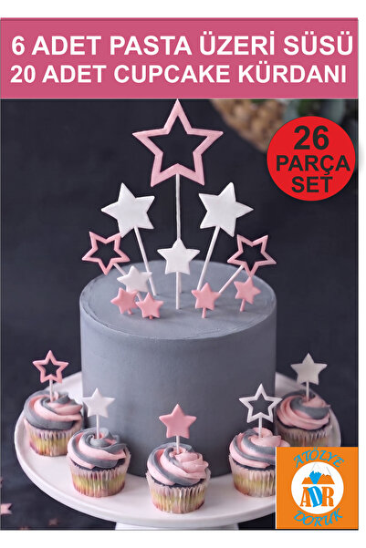 Atölye Doruk Pink-White Star Toothpick Cake Decoration Set Birthday Cake Deco...