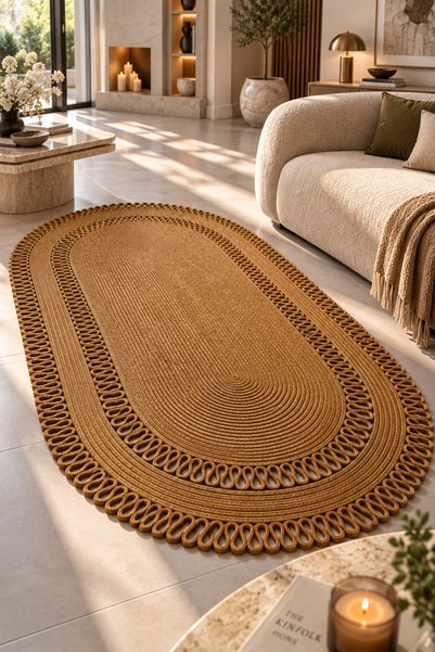 MaVaux Alessa Doğal Oval Hasır Jüt Kilim Oval Dekoratif Örgü Kilim – Modern Bohem Tasarım, Şık ve Doğal Görünüm, Salon, Mutfak ve Antre Kullanımı Desenli, Dekoratif, Kilim, Salon Çeyizlik, Hediyelik