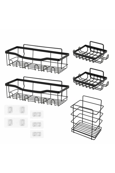 Aptel Set 5 rafturi pentru baie, autoadezive, metal, negru mat