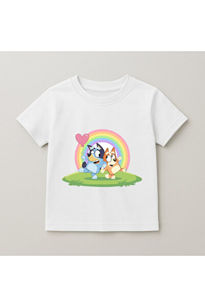 SVART WEAR Bluey Rainbow Grass Printed Kids T-Shirt 100% Cotton White
