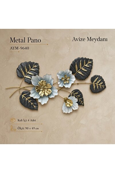 avizemeydanı Avize Meydanı 90x49 cm Mavi-Siyah Çiçekli Metal Duvar Panosu