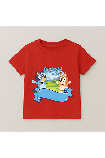 SVART WEAR Детска тениска с щампа на Блуи и Бинго в легло, 100% памук, червена