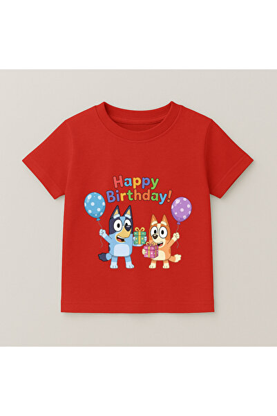 SVART WEAR Bluey Birthday Balloon Printed Children's T-Shirt 100% Cotton Red