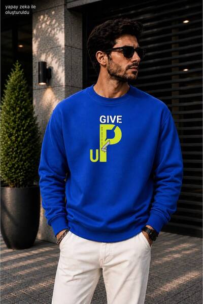 caddekombin Men's Give up Neon Typographic Graphic Printed Crew Neck Casual R...