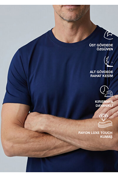simpleQloth Cappadocia |   Brushed Rayon Fluid - Ribbed Collar - Qsimple Muscle Fit Hide Belly Tshirt - Dark Navy