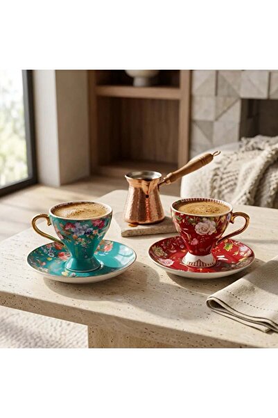Sunumluxe Turkuaz & Kırmızı Çiçek Desenli 2’li Porselen Kahve Fincan Takımı