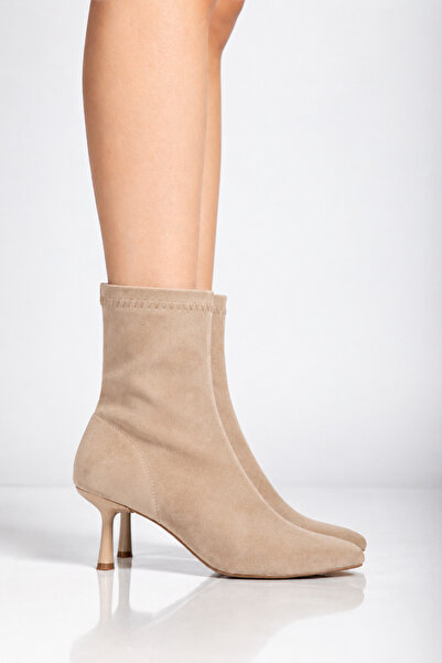 moun shoes Women's Beige Suede Stretch Ankle-High Mid-Heel Boots