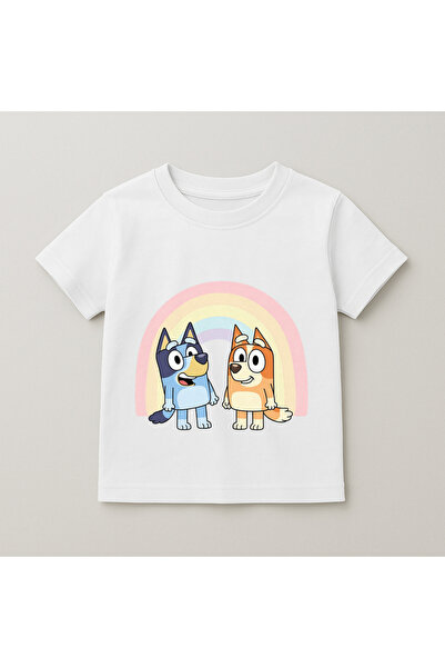 SVART WEAR Bluey and Bingo Rainbow Printed Kids T-Shirt 100% Cotton White