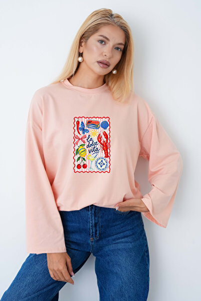 herkesemoda Women's Graphic Printed Wide-Sleeve Body Suit Suitable for Hijab