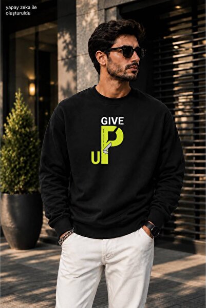 caddekombin Men's Give up Neon Typographic Printed Crew Neck Casual Regular F...