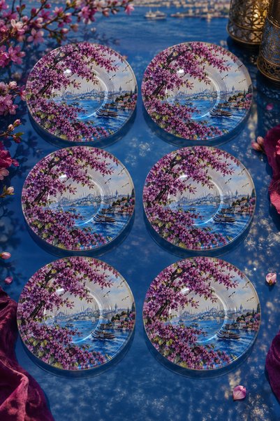 Ahenk Ev&Sofra 6-Piece Glass Tea Plate Set – Istanbul Strait and Erguvan Flow...
