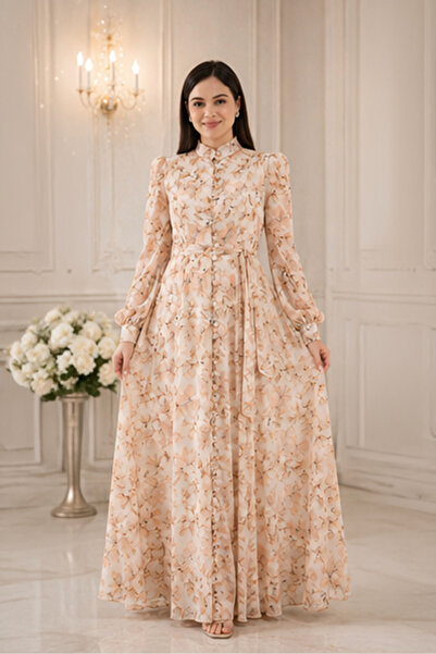 Stylish Fashion Stylish Fashion Turkish Chiffon Long Dress Beige Color Supplier