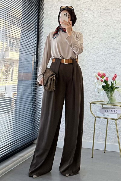 MELEK ARAZ Premium Köprü Detaylı Kemerli Twill Palazzo Pantolon - Kahverengi