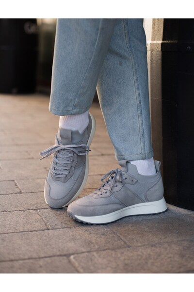 TETRİ Sage Model Genuine Leather Handmade Gray Knitwear Sneaker Shoes