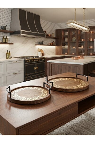 Generic Brand Dark Brown Wooden Serving Tray Set with Side Handles Elegant an...
