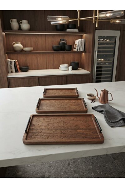 Generic Brand Rectangular Dark Brown Wooden Serving Tray Set with Handles on ...