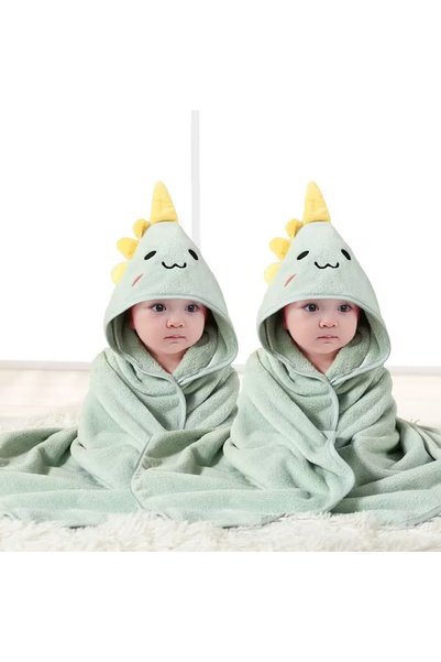 BYFT Daffodil Dinosaur Baby Bath Towel with Hood, Light Green, Soft Microfiber, 80 x 80 cm, Quick Dry, 0-2 Years
