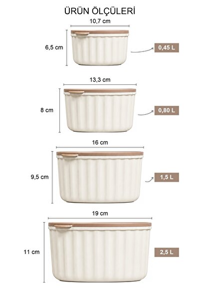 FBZhome 4'lü Yuvarlak Matruşka Saklama Kabı Seti Çizgili Bej | 2.5l 1.5l 0.80l 0.45l | Mikrodalga Ve Dondurucu Uyumlu