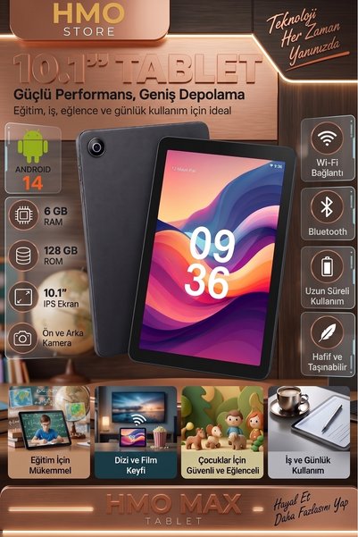 HMO Store 6GB RAM / 128GB 10.1" IPS Ekran Tablet - Çocuk ve Öğrenci İçin İdea...