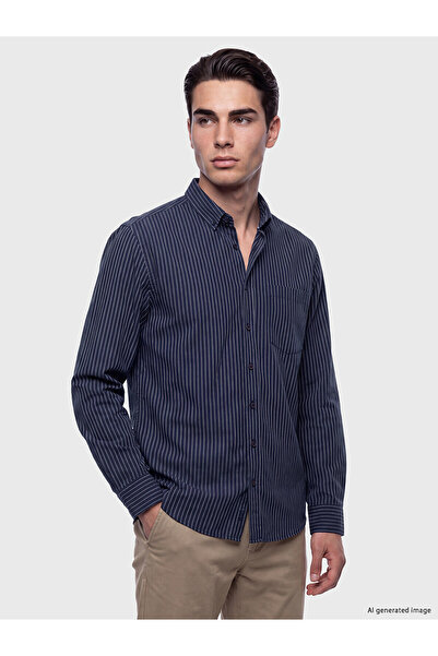 LC Waikiki Lcwaikiki Classic Navy Blue Regular Fit Striped Gabardine Men's Shirt