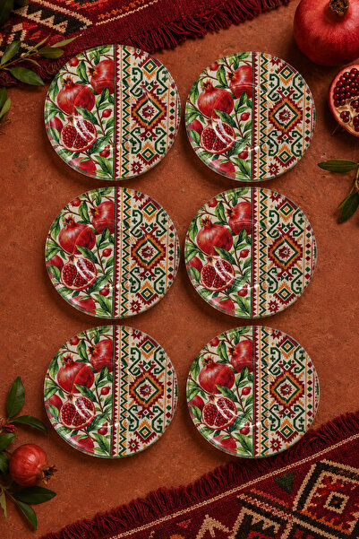 Ahenk Ev&Sofra 6’lı Cam Çay Tabağı – Nar ve Kilim Desenli – 12 cm, 6 Adet Çay...