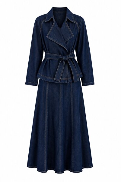 BRTC design Women's Navy Blue Denim Double-Breasted Trench Flared Skirt Suit