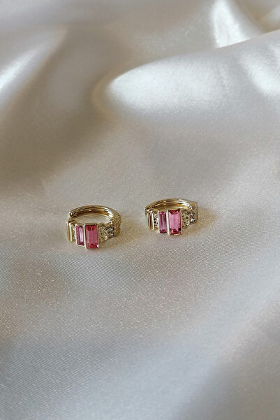Vibalis Gold Renk Pembe Baget Taşlı Xuping Kararmaz Halka Küpe