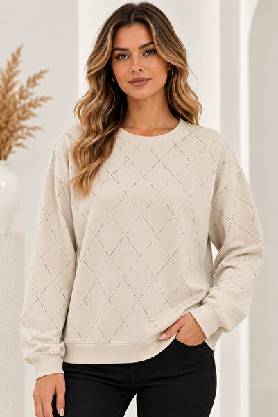 Kadın Taş İşlemeli Bisiklet Yaka Sweatshirt – Ön Arka Taşlı Desen Rahat Kesim Uzun Kollu