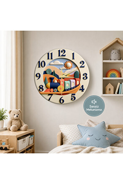 no26dekor 🕒 Tren Temalı⭐ Sessiz Çocuk Duvar Saati 🎈 MDF Dekoratif Çocuk Oda...