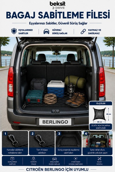 BEKSİT DRIVE Bagaj Sabitleme Filesi Citroen Berlingo Uyumlu (60x80cm)